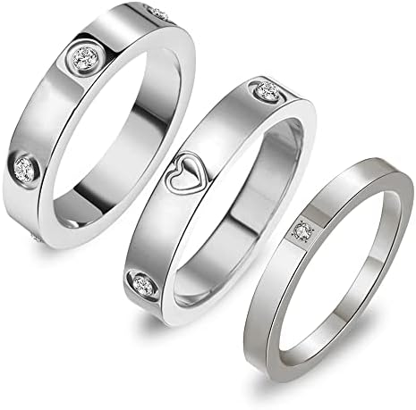 CHUQIU 3PCS Love Friendship Ring for Women 18K Gold Silver Rose Plated Cubic Zirconia Rings Stainless Steel Promise Ring Wedding Band Ring Birthday Jewelry Gifts for Her