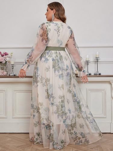 Image of Spring Summer 2024 Plus Size Womens Dresses V Neck Casual Elegant Long Sleeve Floral Print Maxi Dress