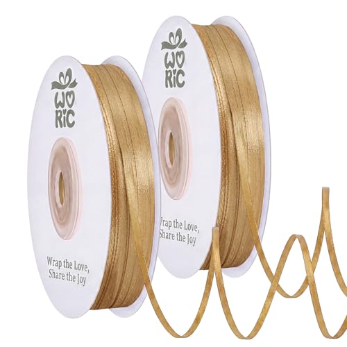 woric Thin Gold Ribbon 1/8 2 Rolls Total 200 Yards Double Faced Satin Ribbon for Crafts Balloons Gift Wrapping Wedding Party Wedding Tags Sewing Projects