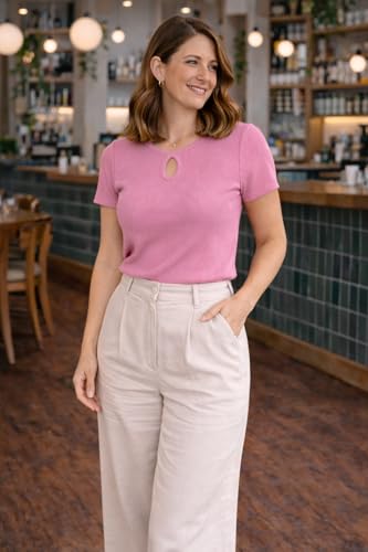 Image of Women's Stylish Ribbed Knit Short Sleeve V-Neck Keyhole Top(1827)