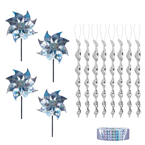 SSKHE Juego de repelente de pájaros reflectante de alta intensidad, 1 cinta repelente de pájaros + 4 molinos de viento + 8 varillas | para jardines, huertos y patios | Mantén a los pájaros (palomas