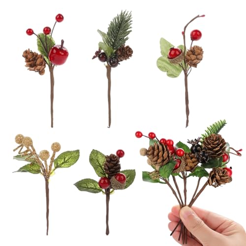 Hsrag Artificial Pine Picks, Christmas Red Berries Pine Cones Stems, Mini Stimulation Red Berries Branches for Xmas Flower Arrangements Wreaths Decorations (20)