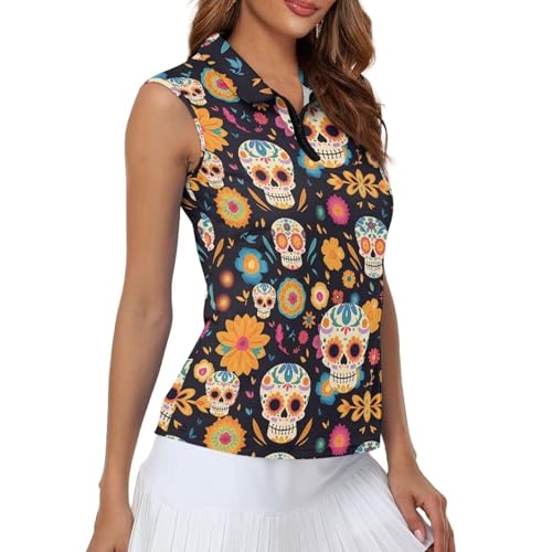 Irisjudy Sugar Skull Floral Women's Sleeveless Golf Tennis Polo Shirts Day of The Dead Skull V Neck Zip Up Workout Tank Tops Ditsy Floral Skeleton Dry Quick Lightweight Sport Tops