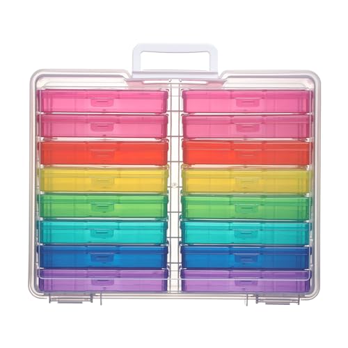Party Club of America PCA Caixa de armazenamento de fotos 10 x 15 cm com alça - 16 compartimentos internos, organizador grande, estojo de plástico para artesanato, adesivos, selos, quebra-cabeças