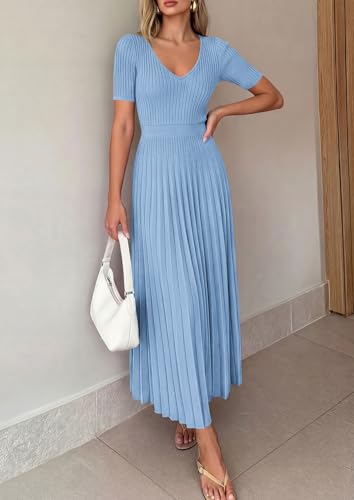Image of PRETTYGARDEN Women's 2026 Spring Midi Sweater Dresses Elegant Pleated Ribbed Knit Short Sleeve V Neck A Line Summer Outfits