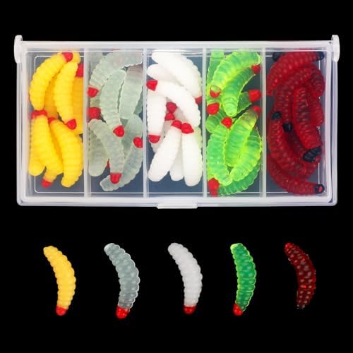 50 Pcs Soft Silicone Maggot Worm Fake Worms Fishing Bait Plastic Fresh Water Fishing Lures Soft Maggot Baits Rubber Maggots Fishing Bait for Trout, Crappie Bread Worm Fishing Worms(0.8 Inch)