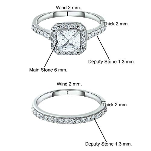 SEA OF ICE Engagement Rings Princess Cut – Elegant Wedding Engagement Ring Set – 925 Sterling Silver and Cubic Zirconium Rings for Women - Princess Cut Halo Engagement Ring and Band – 6 x 6mm4