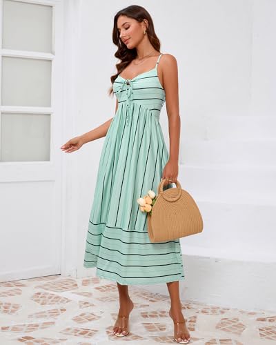 Image of Fashionme Womens Summer Maxi Dresses 2026 Trendy Striped Vacation Boho Beach Spaghetti Strap Sundress Back Tie with Pockets