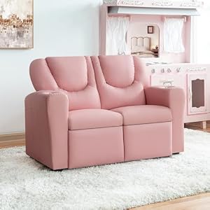 Naomi Home Suri Kids Push Back Loveseat Recliner with Cup Holders Adjustable Footrest Headrest Two Seat Recliner Sofa for Boys Girls of 3 Age Pink PVC