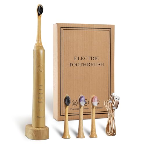 MgcSto Sonic Bamboo Electric Toothbrush for Adults - Rechargeable Electric Toothbrush -4 Pack Bamboo Repalcement Brush Heads| 5 Cleaning Modes Long-Lasting Battery
