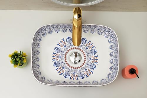 Image of Archstone Wash Basin for Bathroom-1 Year Warranty- Tabletop Washbasin - Ceramic Glossy Rectangle Designer Moroccan Countertop Vessel Sink, Dining Hall & Vanity 33x45x14.5 cm (Blue Moroccan)