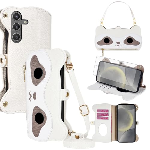 Asuwish Crossbody Raccoon Wallet for Samsung Galaxy S24 5G Phone Case with Screen Protector Leather Lanyard Strap Flip Stand Mirror Zipper Purse Card Holder Slot S 24 24S GS24 G5 2024, 6.2 inch White