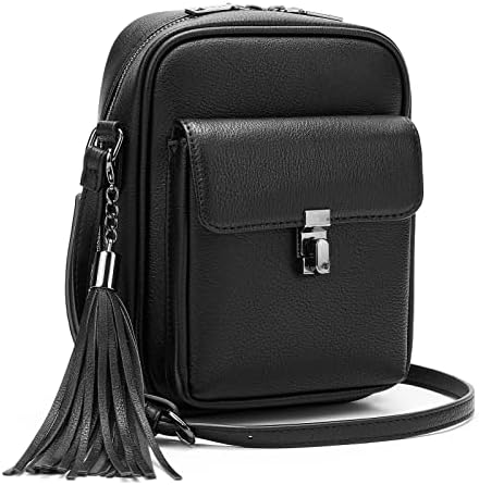 Keyli Double Zipper Crossbody Cell Phone Purse Fashion Lightweight Waterproof Leather Crossbody Bag for Women Anti-theft Mini Travel Messenger Shoulder Handbag Wallet with Tassel Black