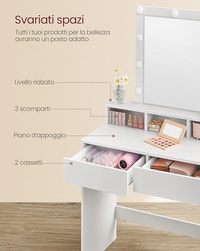 VASAGLE KAILYN Collezione - Toeletta, Luce LED Regolabile a 3 Colori, Tavolo da Trucco con Specchio, 2 Cassetti e 3 Scomparti, Postazione Trucco, Moderno, Bianco RDT114W01 - Immagine 3