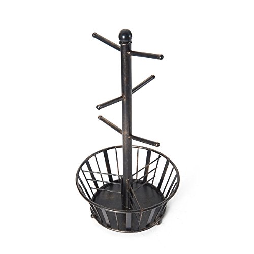 Gourmet Basics By Mikasa Band And Stripe Metal 6-Cup Mug Tree With Storage Basket, Black #TOP2