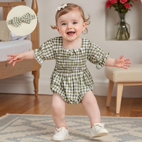 Infant Baby Girls Romper Ruffle Sleeve Pleated Smocked Bubble Plaid One Piece Ruched Jumpsuit Summer Bodysuit4