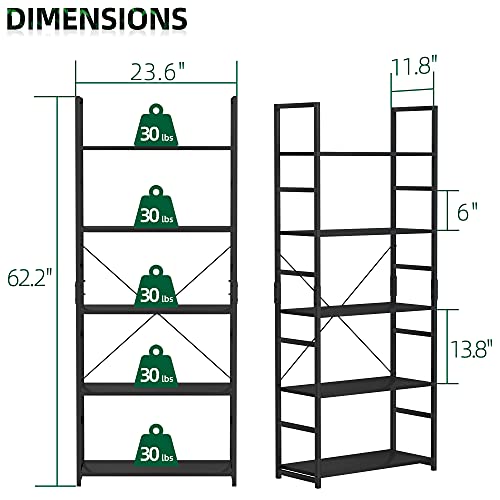 5 Tier Bookshelf, Otk Tall Bookcase, Office Shelf Storage Organizer, Modern Book Shelf For Living Room, Bedroom, And Home Office, Black #TOP2