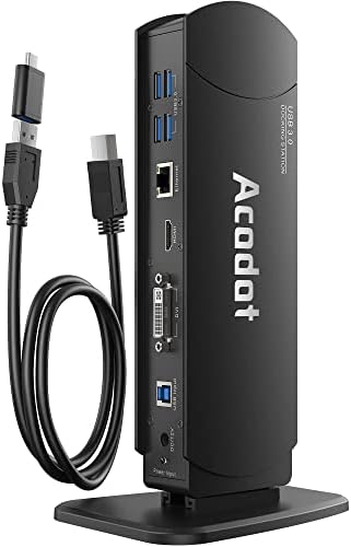 Acodot USB 3.0 Universal Docking Station, 13 in 1 Laptop Docking Station Dual Monitor for Windows and Mac, USB C Docking Station with HDMI, VGA, DVI, 6X USB 3.0, Gigabit Ethernet, Audio