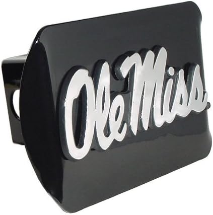 University of Mississippi "Black with Chrome “Ole Miss” Script Emblem" College Sports Trailer Hitch Cover Fits 2 Inch Auto Car Truck Receiver