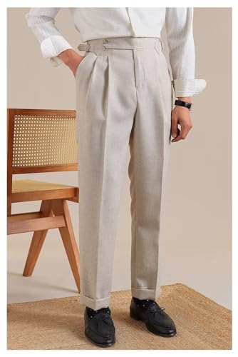 Men's Linen Pants Business Casual Pleated Dress Pants Beach Summer Lightweight Linen Trousers4