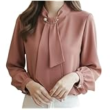 [AUREV] タイブラウス レディース 無地 4色 長袖 パール調 上品 きれいめ オフィス 通勤 トップス (ピンク,XL)