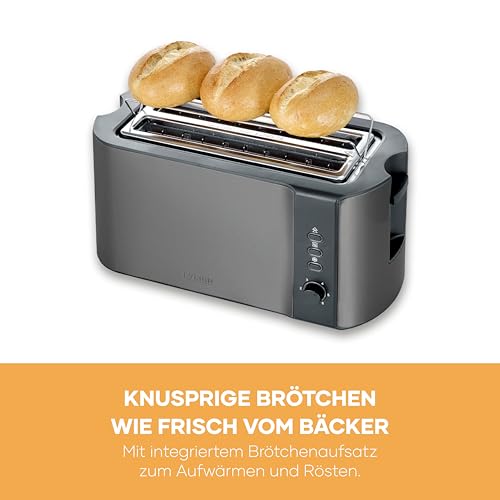 Severin Automatik-Langschlitztoaster, Toaster mit Brötchenaufsatz, hochwertiger Edelstahl Toaster mit großen Röstkammern und 1400 W Leistung, Auftau-Funktion, dark inox/schwarz, AT 9341 5