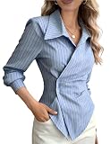 Slihlound Striped Blouses for Women Dressy Casual Wrap Asymmetrical Tops Long Sleeve Slim Fitted...
