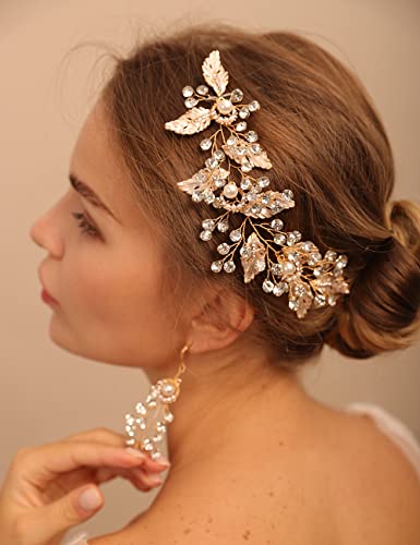 Beryuan Bridal Pearl Rhinestone Headband Earring Set Champagne Leaf Wedding Hair Accessories For Brides Ctystal Rhinestone Gold Leaf Hair Vine Earring Set For Wedding Women And Girls #TOP5