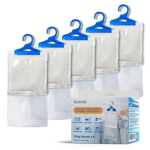 MAVORI 5er Set XL Luftentfeuchter zum Aufhängen I Luftentfeuchter Beutel I Entfeuchter Schrank und Feuchtigkeitsabsorber für Räume gegen Feuchtigkeit, Schimmel und Gerüche I bis zu 500ml je Beutel