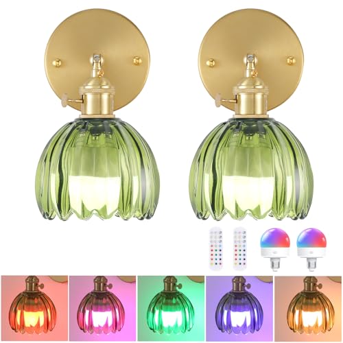 Image of Set of 2 Battery Operated Wall Sconce, Rechargeable Wall Lamp with Remote Control & 12 RGB Colors - 3 Adjustable Color Temperatures, Dimmable Wireless Wall Lights for Bedroom Bathroom (Green Tulip)