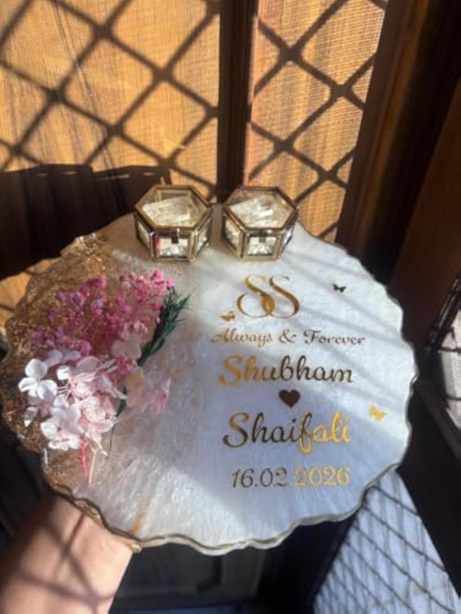 Customized Resin Engagement Platter with Vintage Ring Boxes