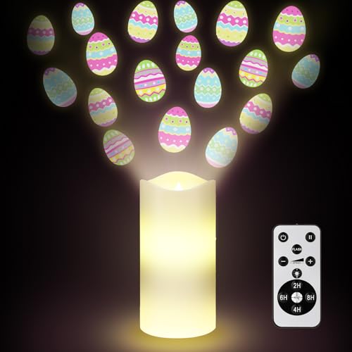 Image of Baquler Easter Egg Projector Light Decor Easter Flameless Candle Spring Home Decor LED Candle Battery Operated Night Light with Remote and Timer Egg Hunt Party Basket Gifts for Spring Farmhouse Table