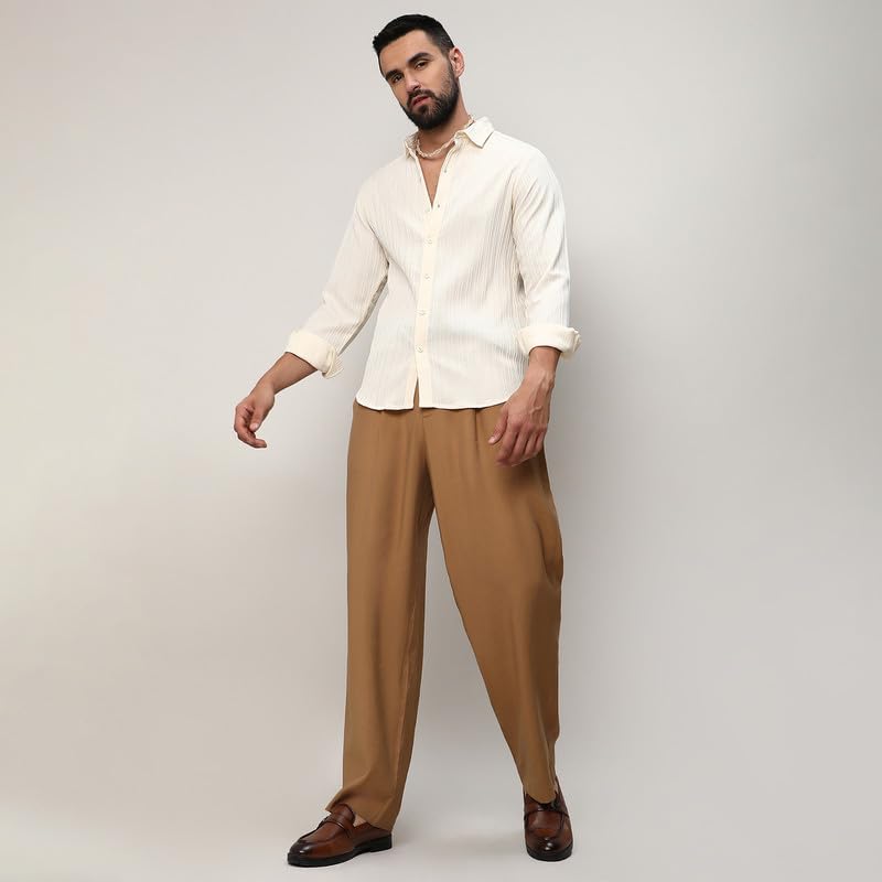 Image of CAHOOT Men's Self-Design Striped Shirt for Casual Wear | Spread Collar | Long Sleeve | Button Closure | Shirt Crafted with Comfort Fit for Everyday Wear