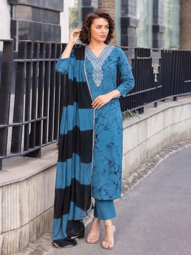 Image of ANNI Designer Kurta Sets for Women Cotton Blend Printed | Kurti Set for Woman | Kurta Pant Dupatta Set | 3 Piece Set Women | Straight Kurti | V Neck 3 /4 Sleeve Suit Set Stylish Ethnic Outfit Clothing