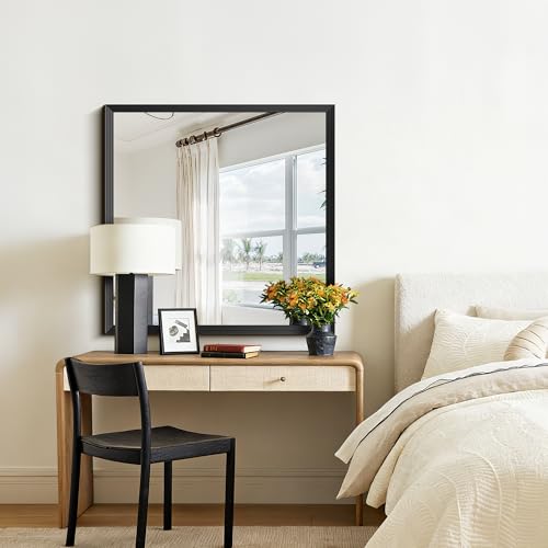 Image of DESBING Large Bathroom Mirror for Over Sink, 36 inch x 36 inch Black Square Bathroom Mirrors, Metal Ribbed Textured Framed Wall Mirror for Bathroom, Living Room, Bedroom,Dressing Room