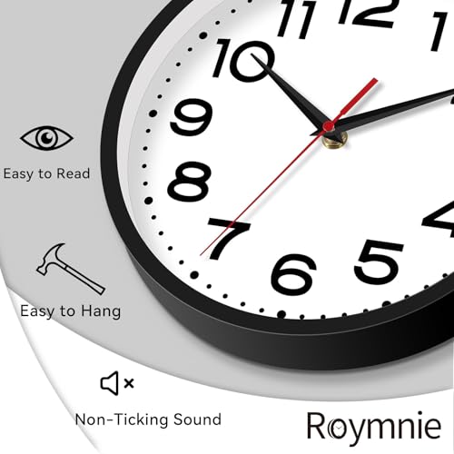 Image of Roymnie 16 Inch Wall Clock, Battery Operated Silent Non Ticking Black | analog wall clock; bold numerals for easy reading; silent non-ticking; 1 AA battery (not included); for classroom