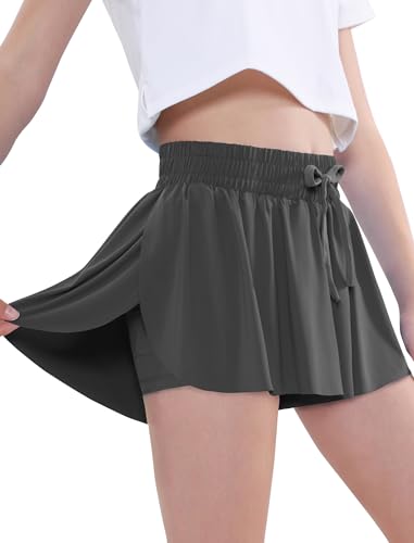 Image of EXARUS Girls Butterfly Shorts Athletic Flowy Cheer Dance Skorts Teen | Gymnastics Tennis Skirts Running Tween Flutter Sports Workout Youth 2 in 1 Gym Preppy Clothes Tumbling Outfis Kids 6-14Y