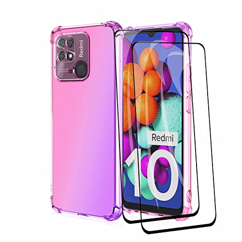 GOGME Funda para Xiaomi Redmi 10C + 2 Cristal Templado, Carcasa TPU Cristal Ultra Slim Flexible Suave Silicona Bumper, Reforzar Esquinas Case Cover (Pink/Morado) Cover