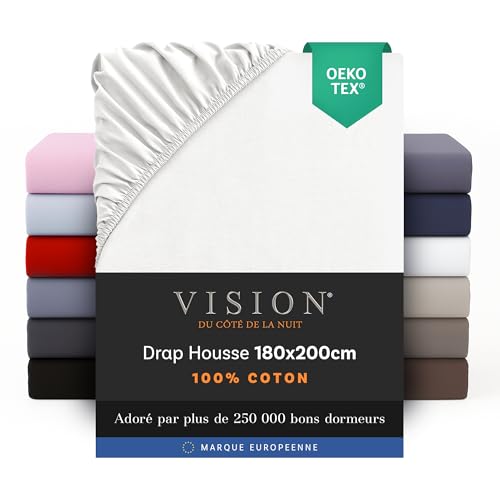 Vision Drap Housse - 100% Coton Lit Double (180x200cm) - Blanc | Coins Élastiqués | Tissage Serré: 57 Fils | Convient aux Matelas Jusqu’à 30cm |...