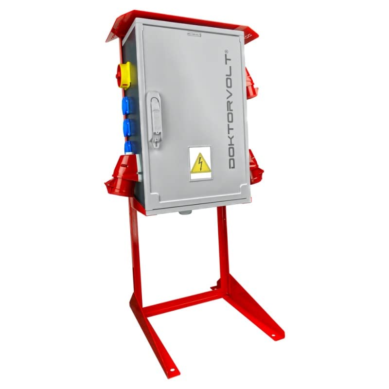 Baustromverteiler mit Ständer OS-S/FI Lasttrennschalter FI-Schalter, 2x32A, 1x16A CEE-Steckdose, 8x230V Schuko-Steckdose Stromverteiler IP44 Doktorvolt