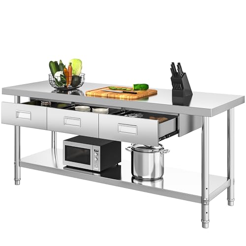 YITAHOME 72" X 24" Stainless Steel Table with 3 Drawers, NSF Work Table with Drawer, Metal Table Prep Table for Home Kitchen Restaurant Garage Warehouse by YITAHOME - Used condition - US$405.36