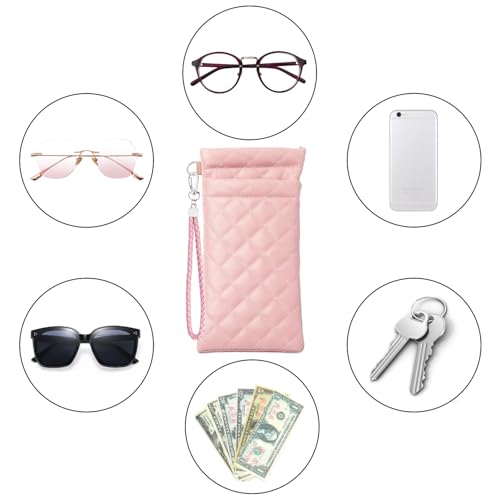 Image of Double Eyeglass Case Squeeze Top Glasses Pouch, Leather Soft Sunglasses Case with Carrying Strap