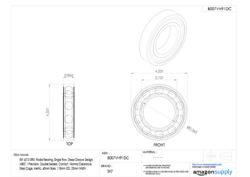 SKF 6212-2RS1 Radial Bearing, Single Row, Deep Groove Design, ABEC 1 Precision, Double Sealed, Contact, Normal Clearance, Steel Cage, Metric, 60mm Bore, 110mm OD, 22mm Width