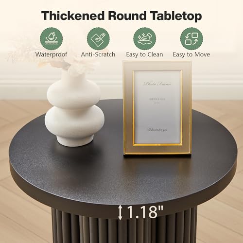 Image of Round Fluted End Table, 17.7'' Mid Century Modern Side Table, Circle Bedside Tables Drink Table Wood Nightstand for Small Spaces, Living Room (Black-1PCS)