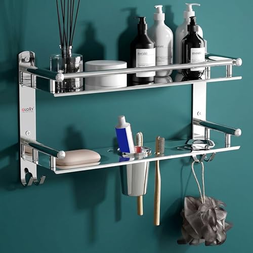 Image of GLOXY Premium Bathroom Stainless Steel Organizer Shelf Rack with Soap Holder & Toothpaste Holder - Multipurpose Bathroom Fittings Accessories Set for Home, Office, Hotels, Restaurants & Hospitals