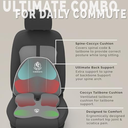 Image of MRRON Car Seat and Coccyx Pillow Kit Memory Foam Back Support and Siting Cushion Ergonomic Adjust Sitting Position Relief Pain for Car or Office Chair (Grey, Spine Support)