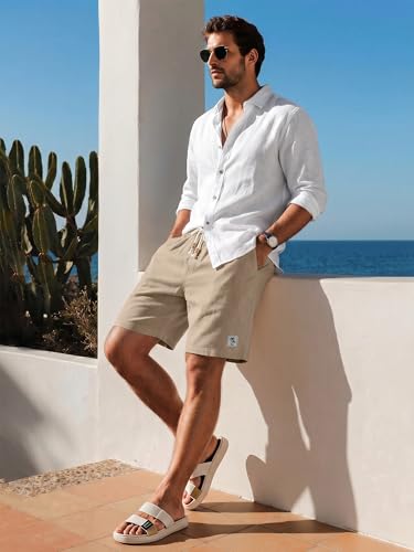 JEMLDL Mens Khaki Cotton Linen Beach Shorts 7" Drawstring Elastic Waist Casual Summer Beach Wear with Pockets Small — view 3