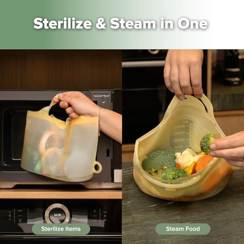 Image of Haakaa Silicone Microwave Steamer & Steriliser Bag,70oz /2000ml Large Capacity Reusable Steaming Bags for Baby Bottles,Breast Pump /Accessories /Pacifiers /Teethers,Great for Home&On-The-Go,Pineapple /2PCS
