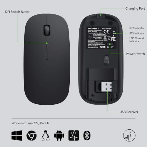 Image of TECKNET Wireless Mouse, 4800 DPI Rechargeable Bluetooth Mouse for Laptop