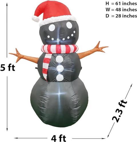 Image of PRODUCTZ Christmas Decorations 5 FT Black Inflatable Snowman w /Christmas Hat Unique Holiday Blow Up Outdoor /Indoor /House /Yard Decor Also Suitable for Halloween w /LED Lights & Free Storage Bag